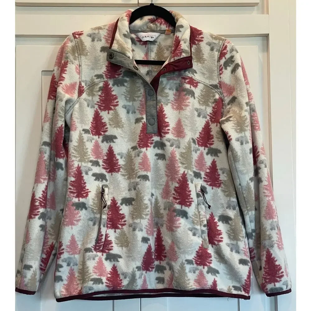 Orvis women's fleece pullover , trees and bears, pink. size Med. - Picture 1 of 11